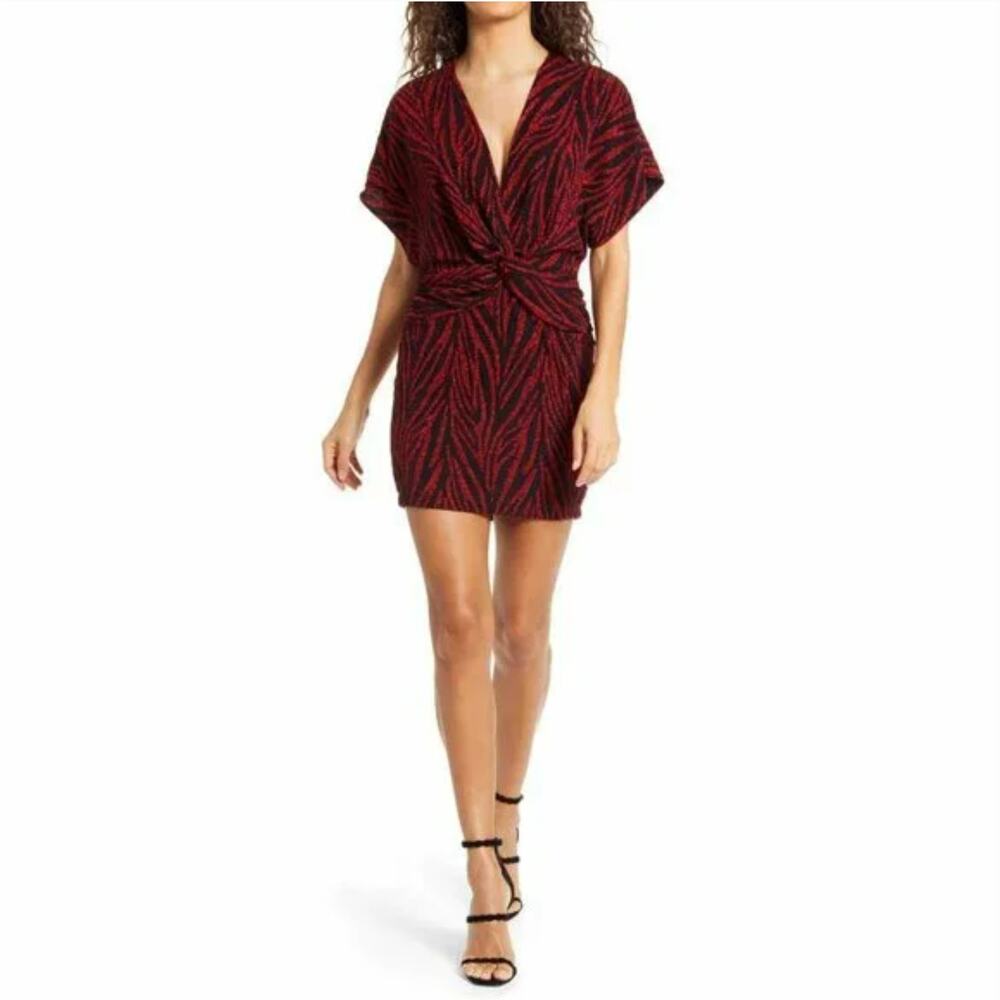 Saylor Soumin Metallic Ruby Red Black Zebra Jacquard Mini Dress Women's Size M
